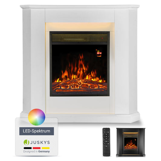 Juskys Electric Fireplace 1000 / 2000 W with heating, fireplace, flame effect, remote control, LED lighting & timer - Electric corner fireplace white