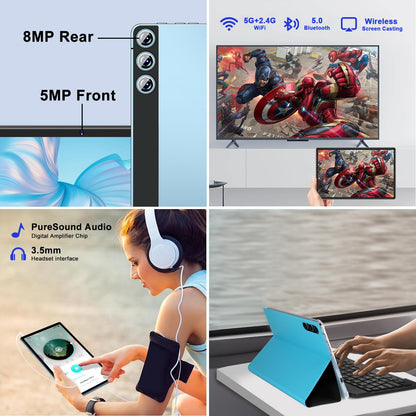 ZIOVO 10-inch Android 14 Tablet PC with 2GB RAM+128GB ROM(1TB TF), Widevine L1, 5G WiFi, Octa-Core 2.0GHz, 8000mAh battery, 5+8MP cameras, BT 5.0, AGPS, metal housing. Comes with keyboard and mouse - Blue.