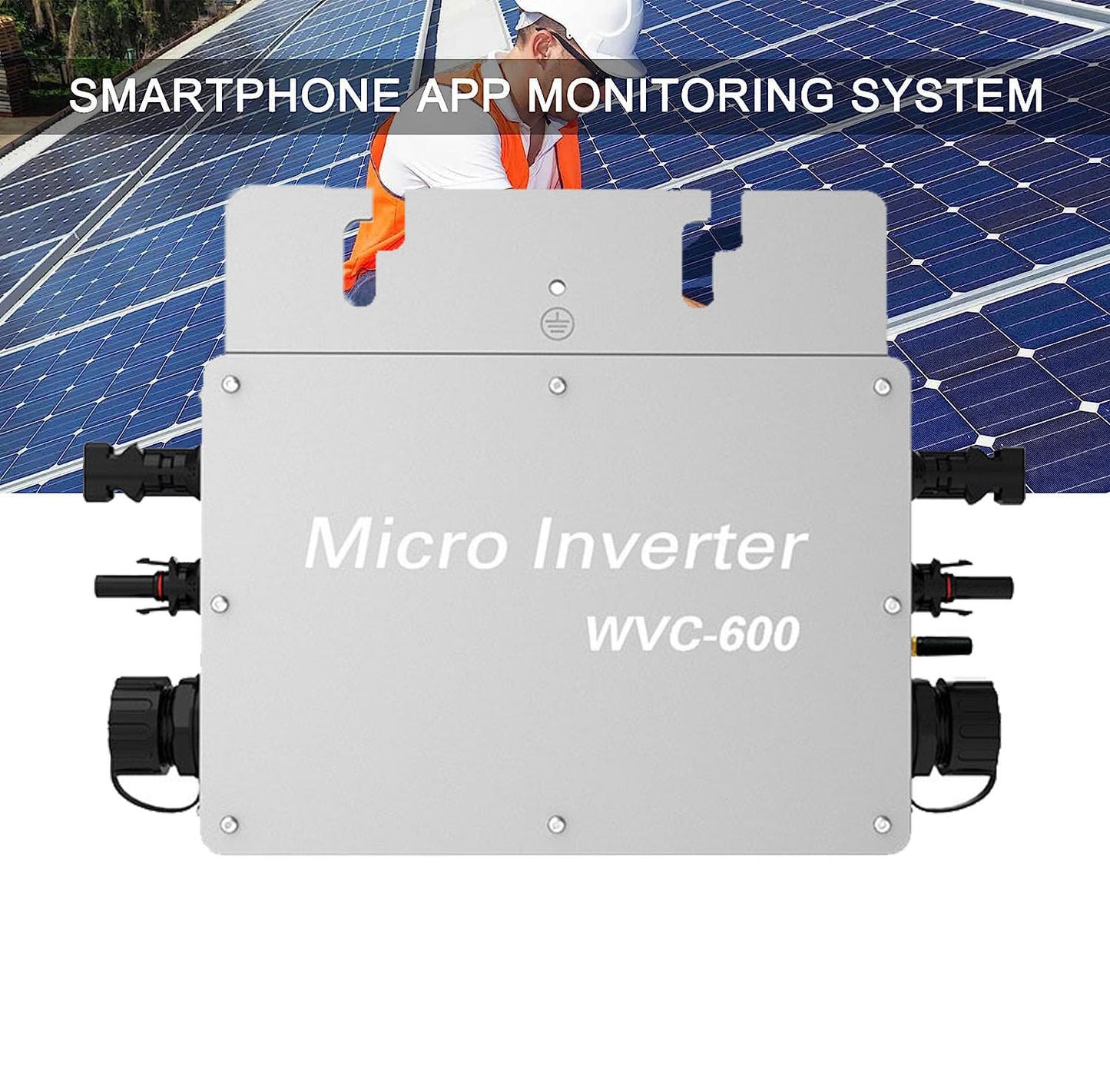 600W inverter balcony power plant, solar waterproof inverter, max PV input power 2 X 375 watts inverter solar with WLAN app for 2 solar panels, MPPT/IP65 waterproof 120-230V AC, silver.