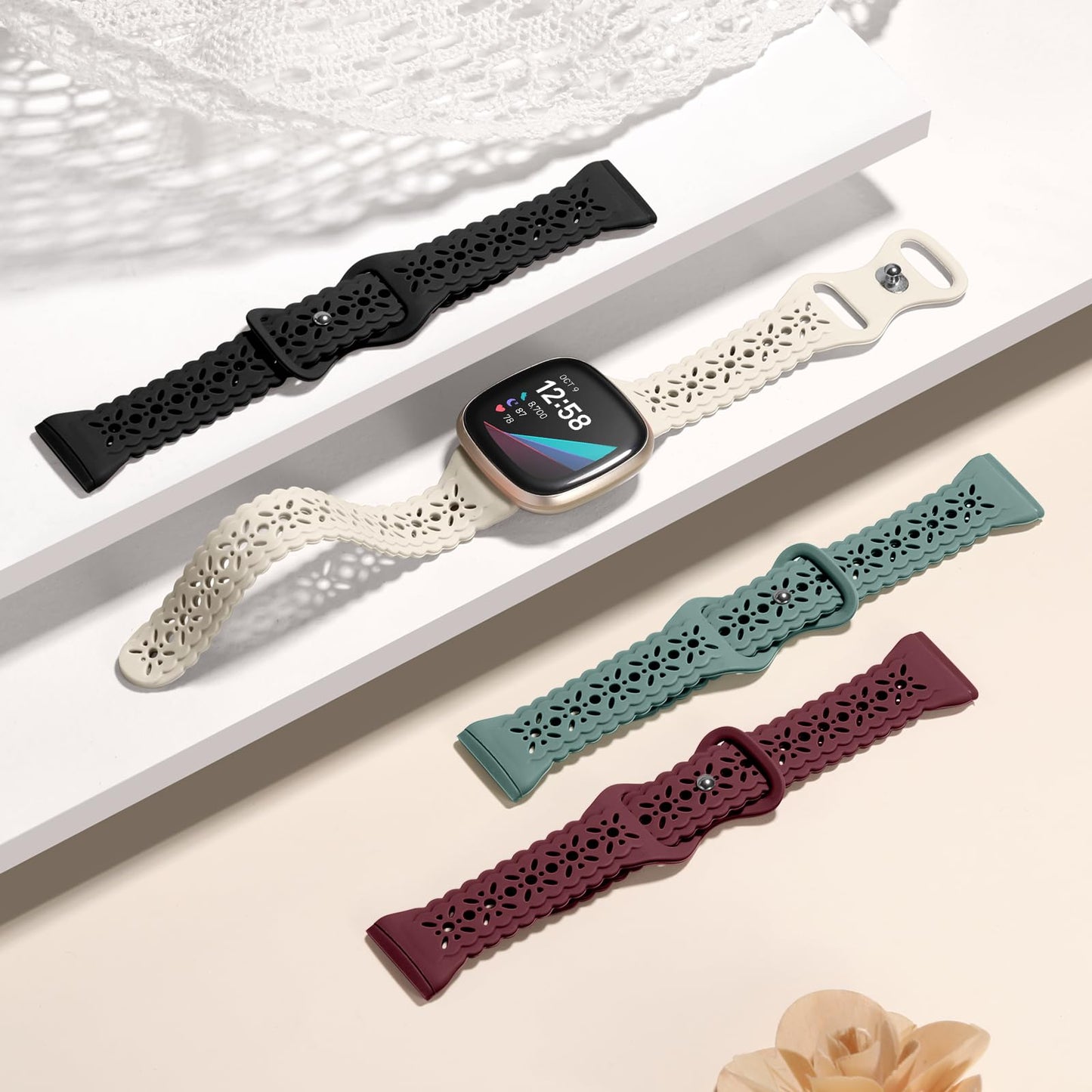 Charlam 4 Pack Lace Replacement Bands Compatible with Fitbit Versa 3/Versa 4/Fitbit Sense/Sense 2, Soft Slim Hollow-Out Sport Watch Bands Replacement for Women Girls.