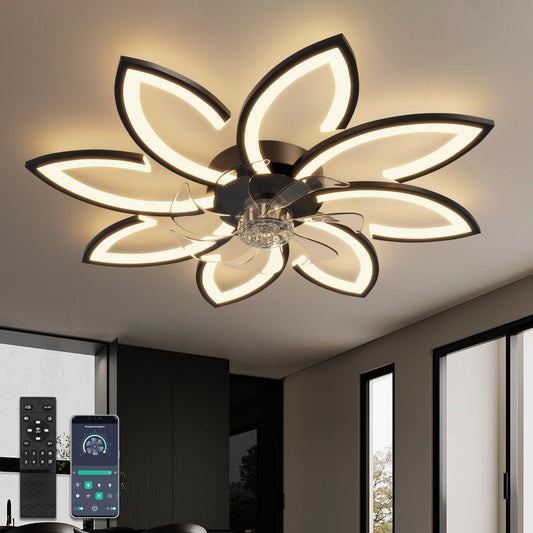 YUNLONG 90cm Ceiling Fan with Light, Very Quiet Living Room Dimmable LED Lamp with Fan, Modern DC Motor Fan with Light, Summer/Winter Function for Bedroom Kitchen, Black