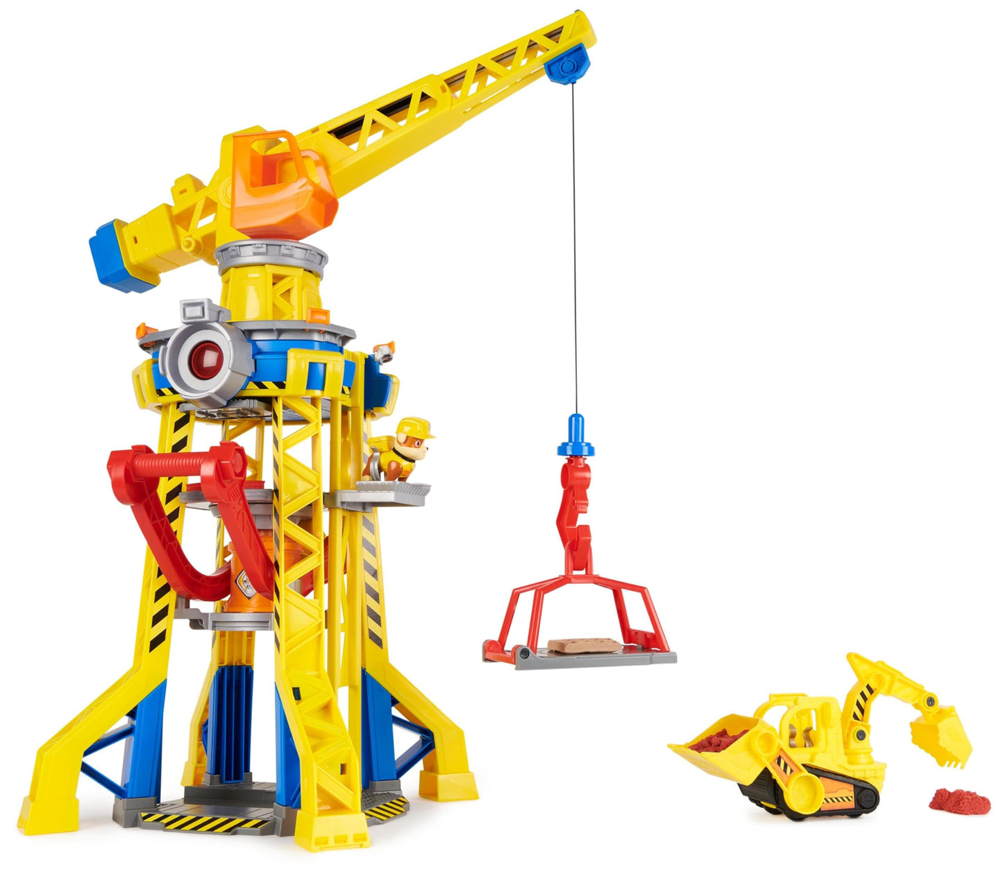 Rubble & Crew - Construction Paws Courtyard Crane Playset (68 cm) with Rubble action figure, bulldozer construction vehicle, and 340 g Kinetic Sand Build-it Sand. Suitable for children aged 3 years and older.