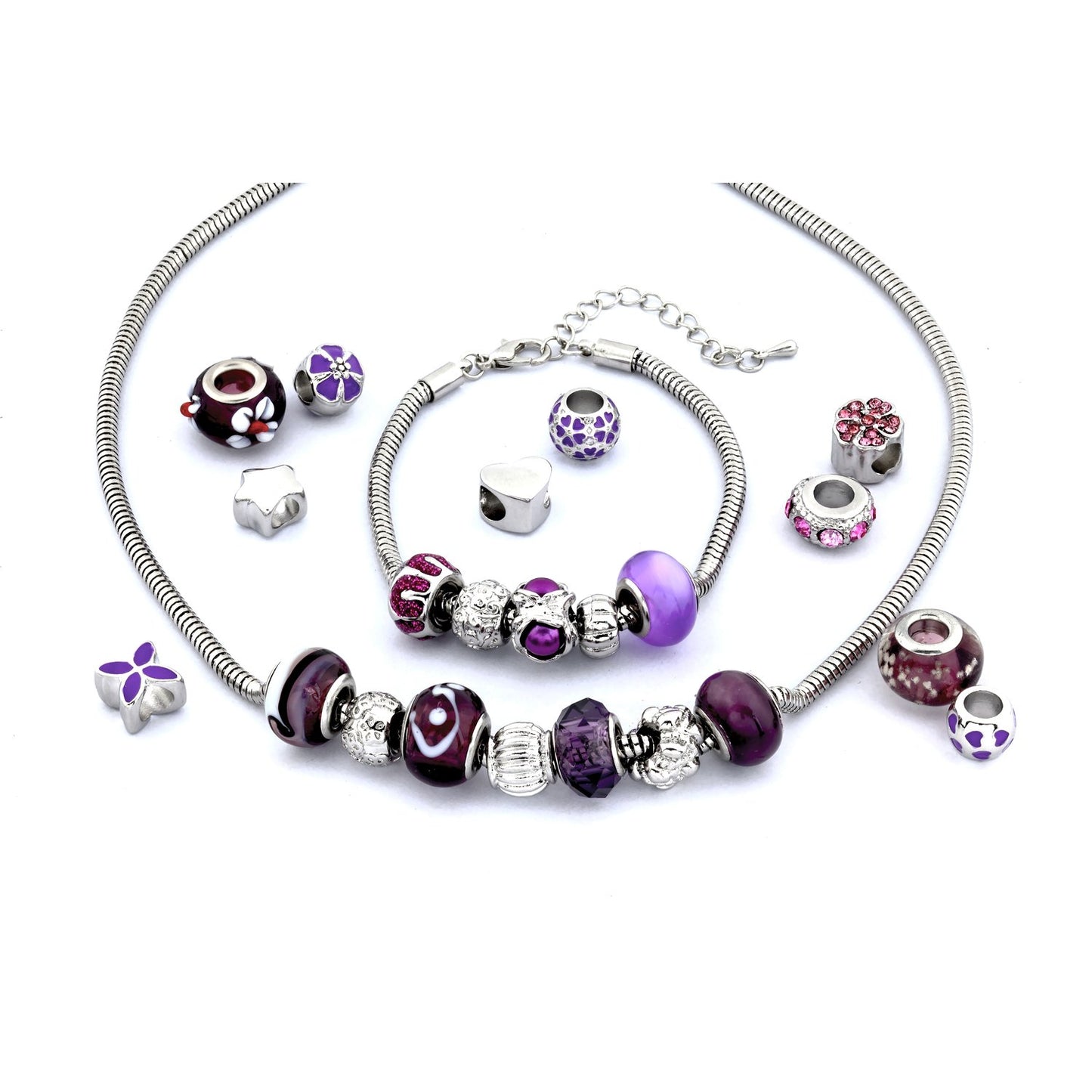 VALIOSA Merry Christmas Fashion Jewelry Advent Calendar with necklace, bracelet + 22 individual glass & metal bead pendants, a special gift for girls & women, purple, 24-piece set.