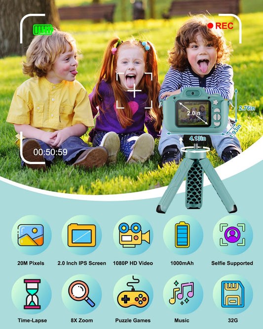Hangrui Kids Camera, 1080P children's camera, camera for kids with 32G memory card, digital camera for 3-12 year old boys and girls Christmas Toy