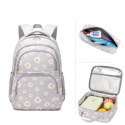 SIVENKE school backpack for girls, teenagers, and women. Daisy design set includes backpack, lunch bag, and pencil case for school and leisure.