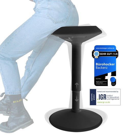 Backerz Ergonomic Stool - Office stool with 40-60 cm height adjustment - Enhance energy and focus at work - Non-slip standing stool with rocking effect - Matte black