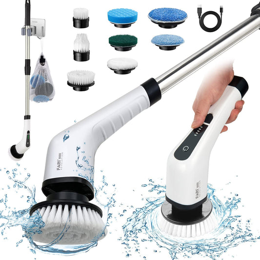 Electric cleaning brush, FARI shower cleaning brush with 8 interchangeable drill brush heads, cordless scrubber with adjustable handle, bathroom and shower cleaner.