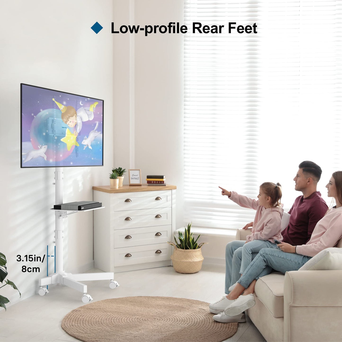 BONTEC Mobile TV stand on wheels for 23-60 inch Plasma/LCD/LED TVs, Portable TV stand with laptop shelf, Height adjustable rolling TV cart up to 25kg, max. VESA 400x400mm (white)