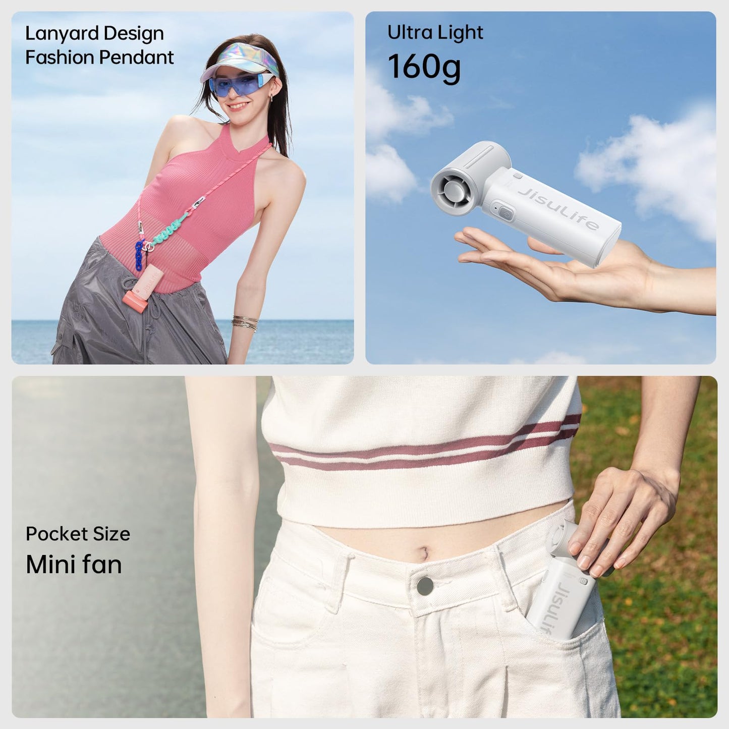JISULIFE Portable Handheld Fan Life9, Turbo-Power [12 hours Max], 5-Speed Wind, 3600mAh Rechargeable, Mini Pocket Design, Personal Fan for Travel, Concerts, Makeup - Gray
