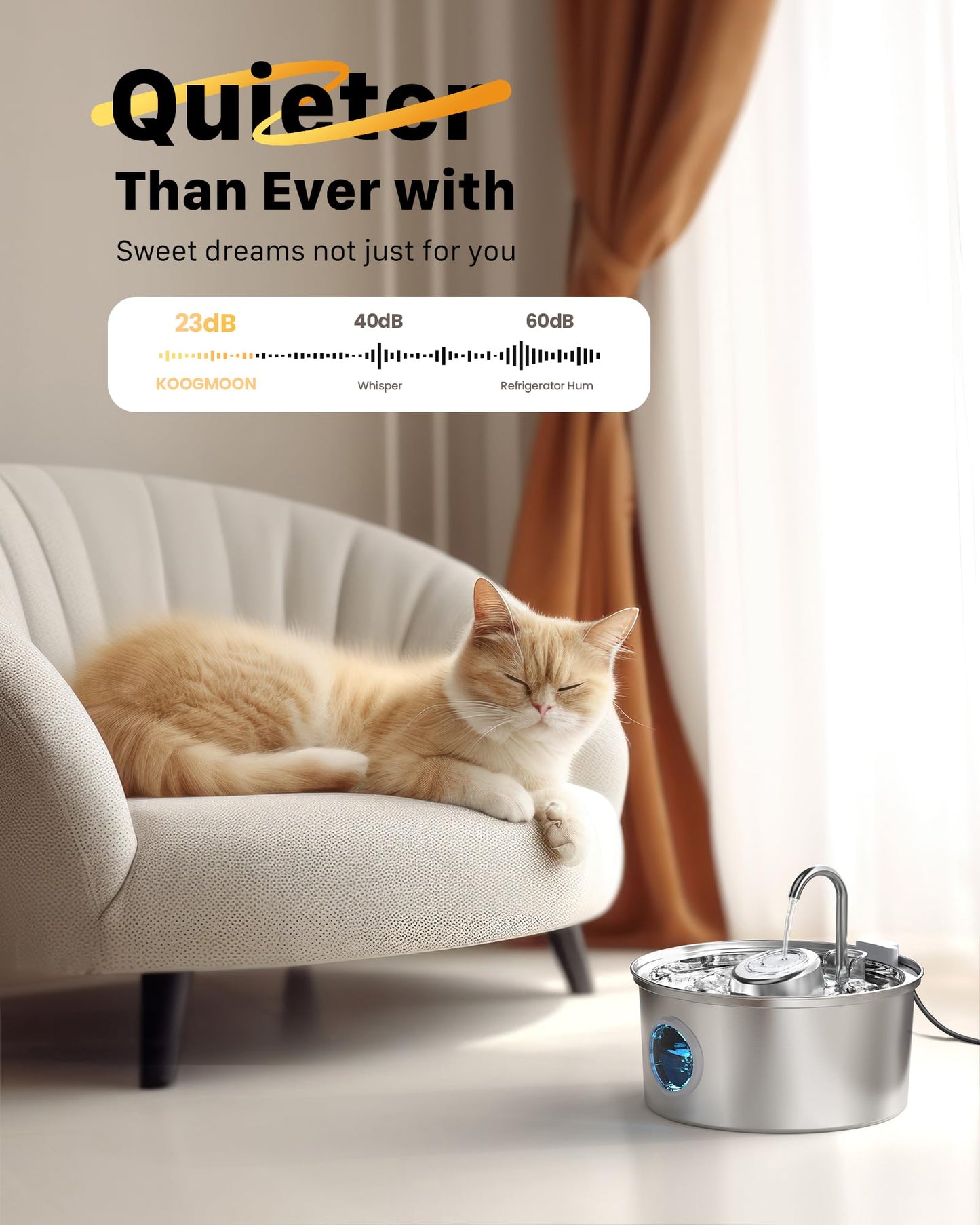 Cat fountain: 3.2L drinking fountain for cats with transparent window - Cat fountain for cats made of stainless steel in the shape of a water tap - Silent water pump - Multiple filtration - KOOGMOON
