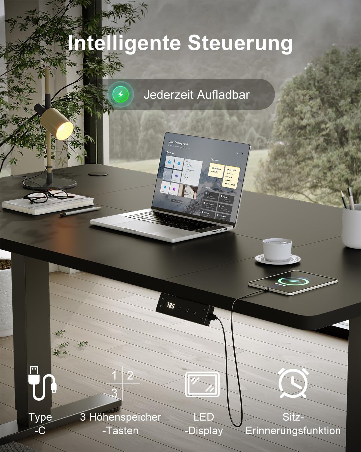 Devoko Height Adjustable Desk 160x80cm with Type-C Charging Port, Electric Height Adjustable Desk, Mobile Electric Computer Desk with Cable Management Tray, Black