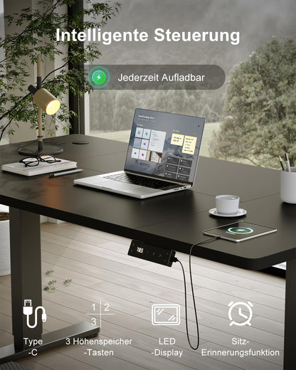 Devoko Height Adjustable Desk 160x80cm with Type-C Charging Port, Electric Height Adjustable Desk, Mobile Electric Computer Desk with Cable Management Tray, Black