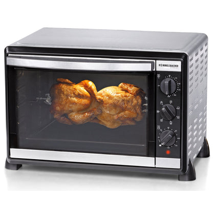 ROMMELSBACHER Back & Grill Oven BG 1805/E - 42 liter capacity, 7 heating modes, convection, rotisserie, temperature range of 80-230 °C, double glazed door, interior lighting, timer, 1800 W, stainless steel.