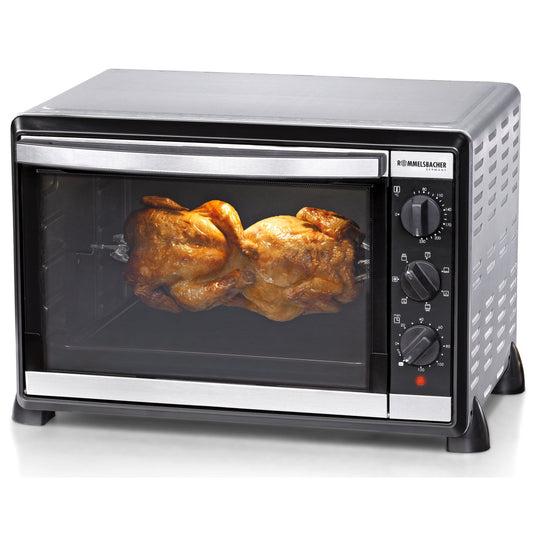 ROMMELSBACHER Back & Grill Oven BG 1805/E - 42 liter capacity, 7 heating modes, convection, rotisserie, temperature range of 80-230 °C, double glazed door, interior lighting, timer, 1800 W, stainless steel.