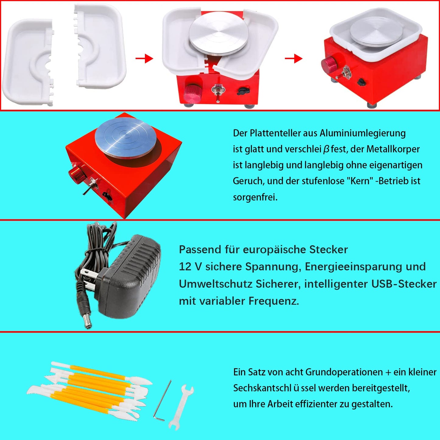 DYOUen Electric Pottery Wheel - Clay Machine With 10 cm Turntable and Removable ABS Soundproofing Pottery Wheel Electric Mini Pottery Set for Beginners (Red)