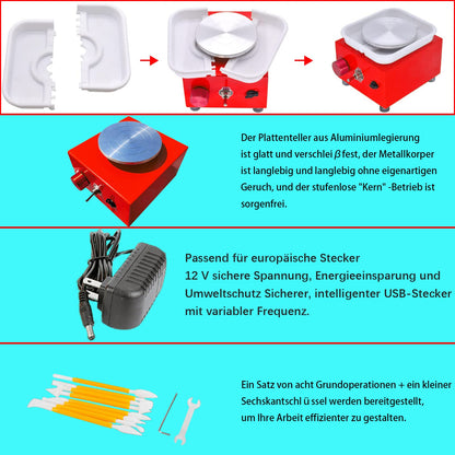 DYOUen Electric Pottery Wheel - Clay Machine With 10 cm Turntable and Removable ABS Soundproofing Pottery Wheel Electric Mini Pottery Set for Beginners (Red)