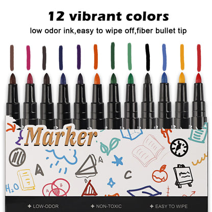 ABEIER Whiteboard Markers (36 pack), 12 colors with sponge, Magnetic Whiteboard Pens, Dry Erase Markers, round tip 1-2mm, Great for home, school, office.