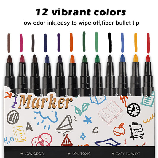 ABEIER Whiteboard Markers (36 pack), 12 colors with sponge, Magnetic Whiteboard Pens, Dry Erase Markers, round tip 1-2mm, Great for home, school, office.