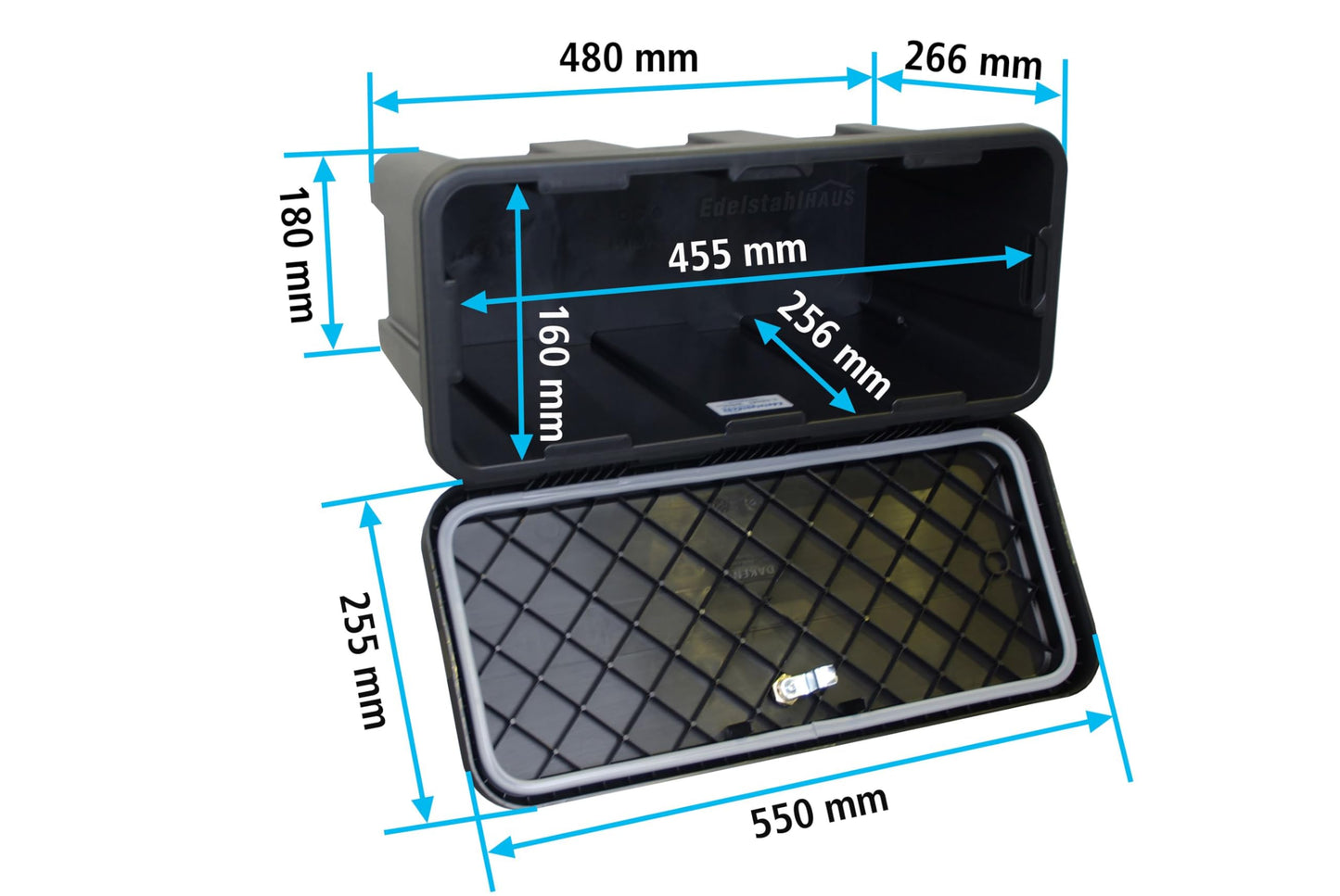 Deichselbox Daken Blackit Lite, tool box, strap box, trailer box, storage box, Daken B24-2 + mounting kit MON301, Edelstahlhaus GmbH.