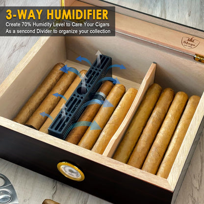 Slege cigar humidors, humidor cigars, Spanish cedar wooden cigar box with humidor humidifier, hygrometer, divider, men's gift cigar accessories (30-50 cigars) black.