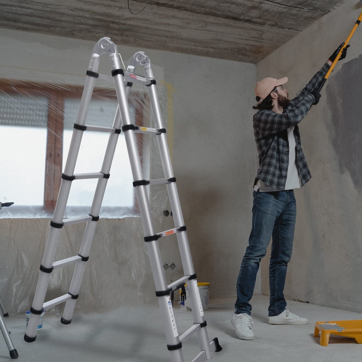12.5FT extendable aluminum professional use telescoping ladder. Telescopic folding ladder extension 1.9m + 1.9m A-frame 3.8m ladder with stabilizer bar for building maintenance window cleaning.