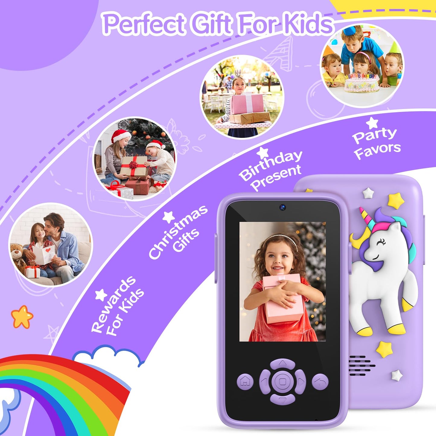 Children's mobile phone with music and games, 2.4" display kids camera with dual camera, 1080P HD kids phone with 32GB SD card, Christmas birthday unicorn gifts toy for 3-12 year old girls (purple)