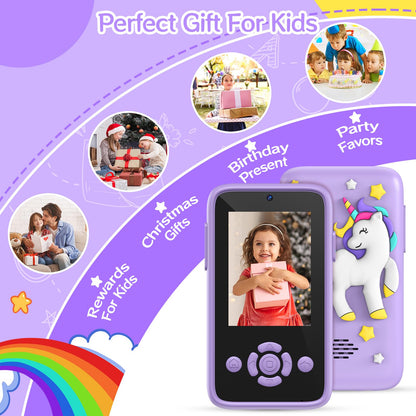 Children's mobile phone with music and games, 2.4" display kids camera with dual camera, 1080P HD kids phone with 32GB SD card, Christmas birthday unicorn gifts toy for 3-12 year old girls (purple)