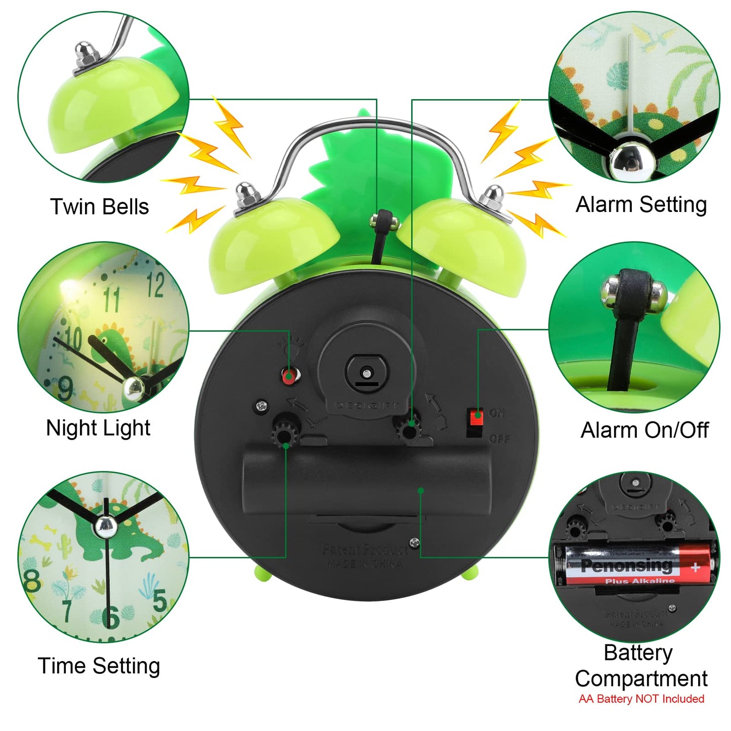 TCJJ Dinosaur Alarm Clock for Boys, Non-Ticking Cute Green Alarm Clock for Kids Boys, Classic Loud Double Bell Clock with Backlight, Suitable for School Gifts.