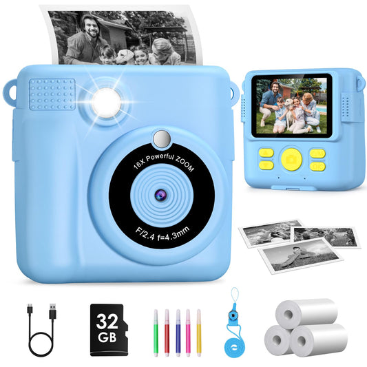 GREENKIDS Kids Camera Instant Camera, 1080P 2.4 Inch Screen Instant Camera for Kids with Printing Paper & 32GB Card, Digital Camera for Kids with Colored Pens Gift for Boy 3-12 Years