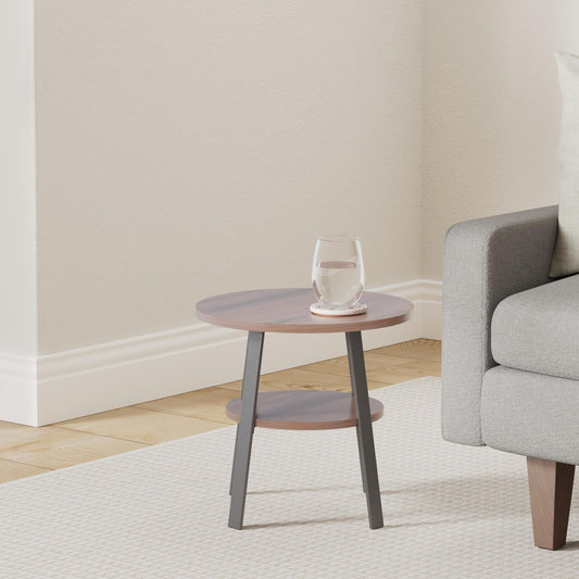 stardis side table round stable metal frame/wood Ø43xH 44 cm, 2 shelves bedside table coffee table for living room bedroom, walnut finish