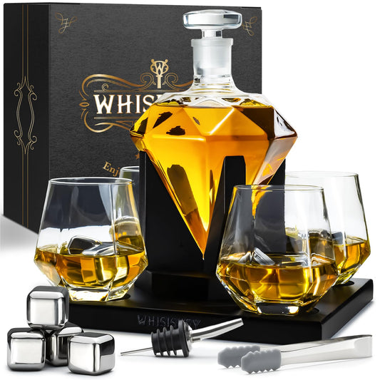 WHISKEY Whiskey Decanter Set - Whiskey Gift Set - Gifts for Men - Men's Gift - Birthday Gift for Man - Diamond Decanter 1000ML, Gift Box, 4 Glasses, 4 Whiskey Stones