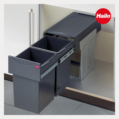Hailo Tandem 3666101 waste collector | Fits cabinets from 300 mm width with swing door | Built-in bin with 2x 15L separation | Waste separation with full extension telescopic rails | Dark grey