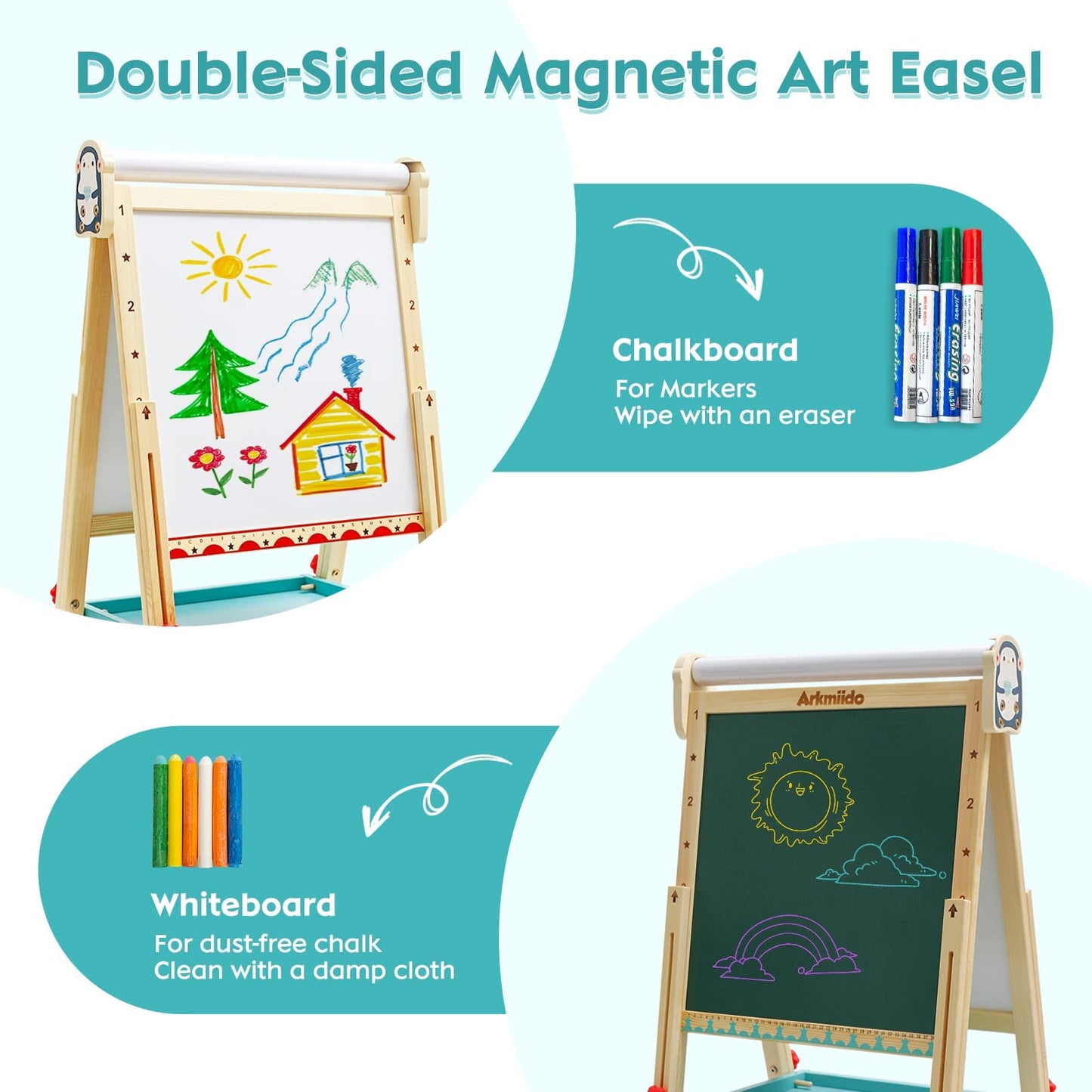 Children's easel with paper roll, double-sided whiteboard and chalkboard. Adjustable standing easel with numbers and other accessories for kids and toddlers.