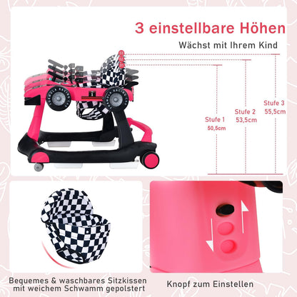 COSTWAY 4 in 1 folding baby walker with adjustable height & speed, music box, lights & wheels, suitable for babies from 6 months, can support up to 12kg weight capacity. Available in pink color.