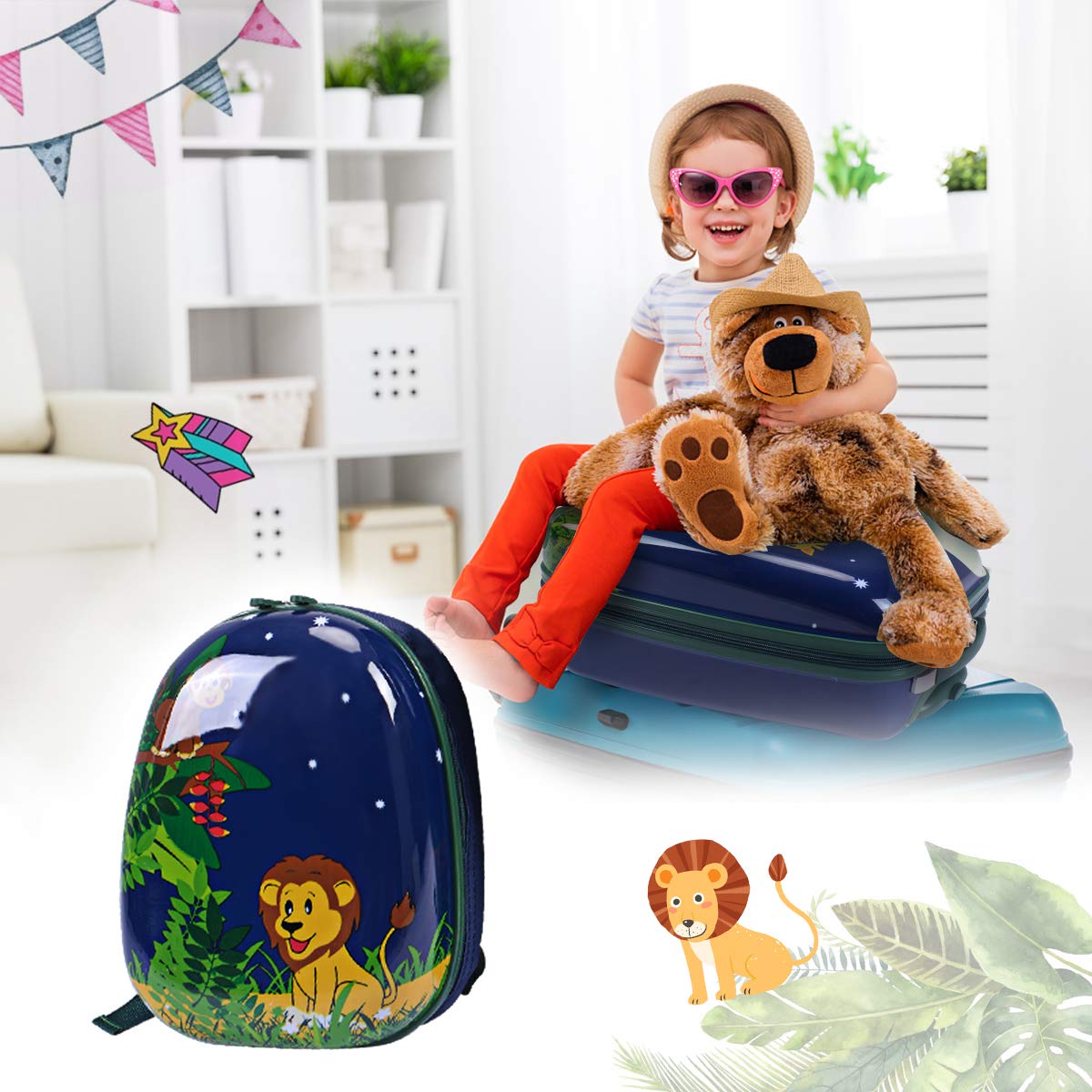 GOPLUS Kids Suitcase with Backpack, Kids Trolley, Children's Luggage with Wheels, Travel Suitcase with Telescopic Handle, Hard Shell Suitcase for Kids, Children's Trolley Color Choice (Elephant, 12"+16")