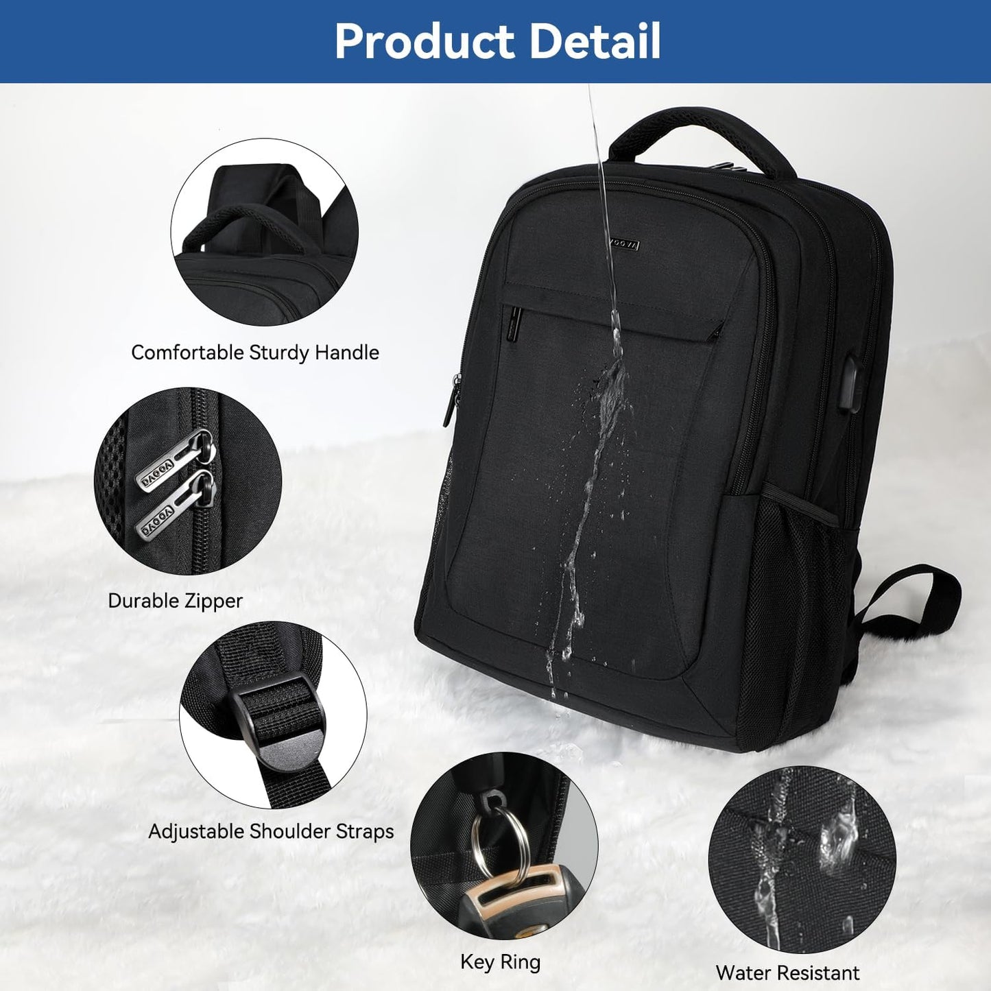 Voova Laptop Backpack 15 15.6 16 Inch, Men Women Waterproof Backpack for Work Business College School Travel Teenage Boys Backpack, Daypack with Laptop Compartment Large Notebook Bag Black