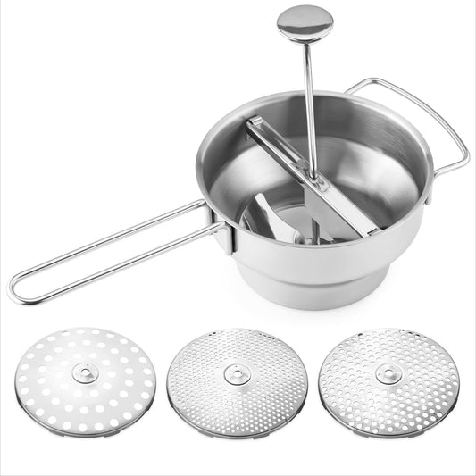 Navaris stainless steel food mill with 3x sieve inserts - perfect for soups, jams, baby food, and sauces. Includes 3 sieve inserts and a durable stainless steel design.