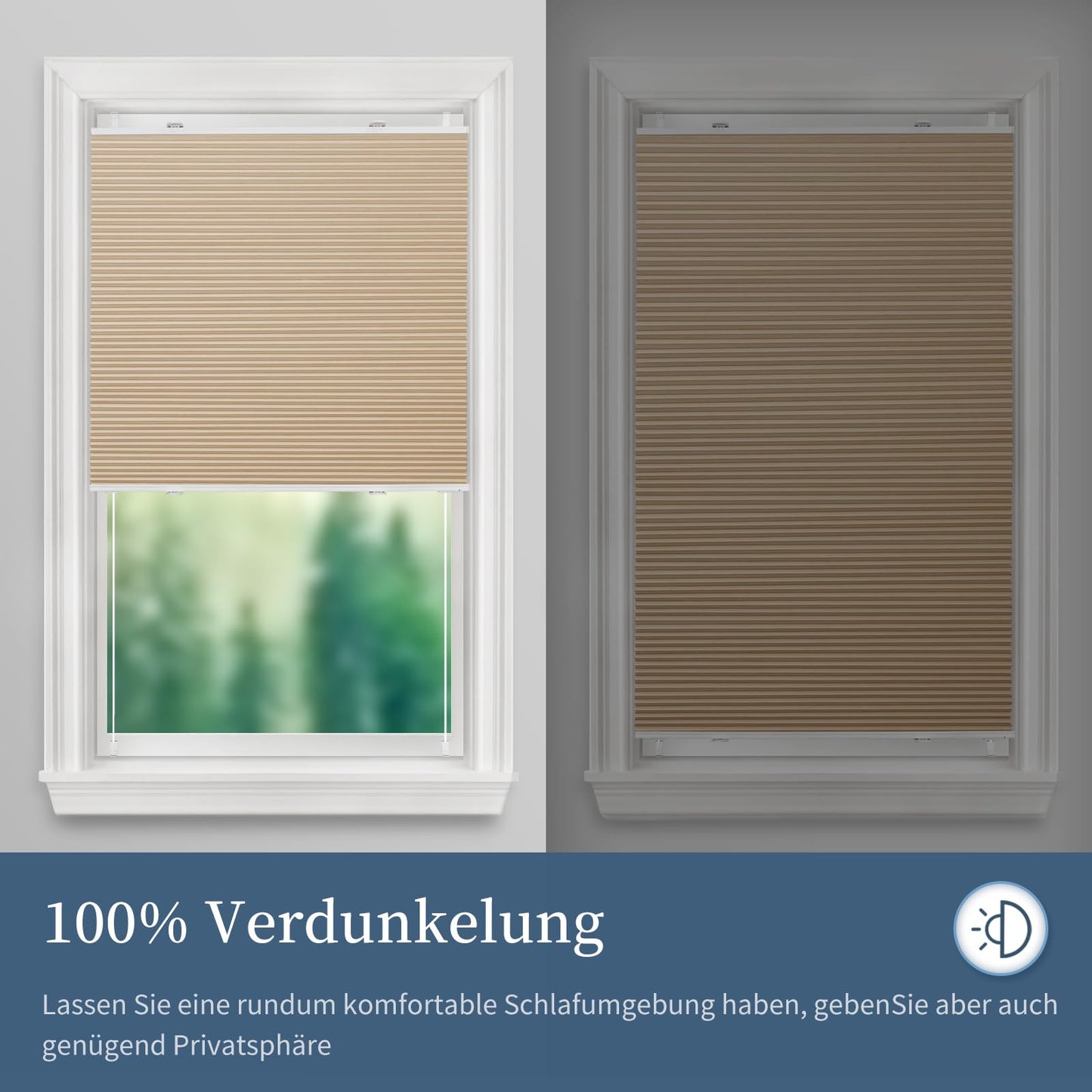 Grandekor blackout pleated honeycomb pleat without drilling White-Beige 65x110cm (WxH) Clamp Fix Pleated without drilling blackout thermal roller insulation, privacy - & sun protection