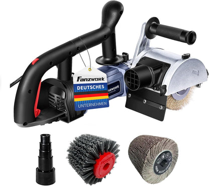 FANZWORK V2 1500 Watt Satiniermaschine for renovating all kinds of surfaces, with dust extraction connection, speed control, ball handle, steel wire & nylon & sandpaper brush.