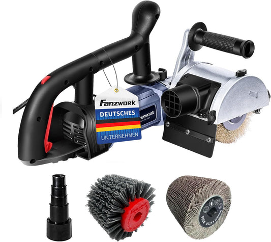 FANZWORK V2 1500 Watt Satiniermaschine for renovating all kinds of surfaces, with dust extraction connection, speed control, ball handle, steel wire & nylon & sandpaper brush.