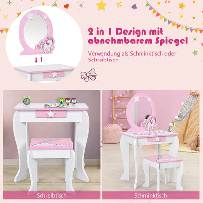 DREAMADE Kids Vanity Set with Stool and Removable Mirror, Princess Vanity Table for Kids, Dressing Table with Drawer, Kids Vanity for Girls (White)
