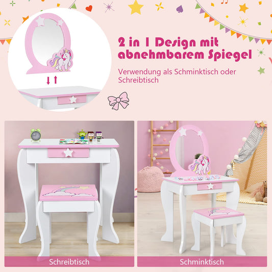 DREAMADE Kids Vanity Set with Stool and Removable Mirror, Princess Vanity Table for Kids, Dressing Table with Drawer, Kids Vanity for Girls (White)