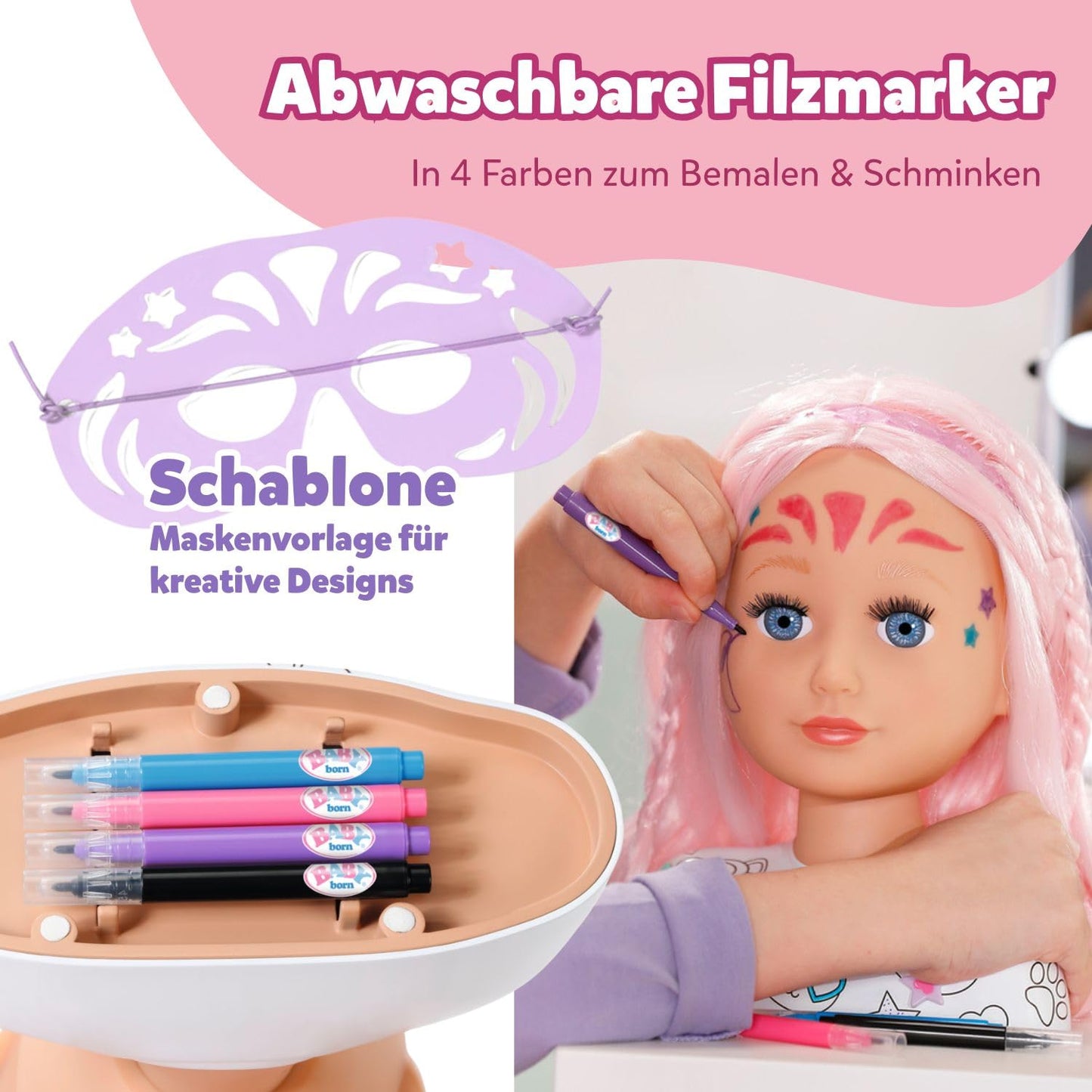 BABY born Styling Head Creative, styling head for painting with high-quality pink hair and over 20 accessories, 836033 Zapf Creation.