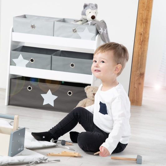 Roba Play Shelf Stars - Toy Shelf for Children's Room with 5 Fabric Boxes - with Star Motif - Storage Shelf for Boys and Girls - White Wood