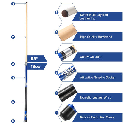 ASMPCUE Pool Cue, 58-inch billiard cue hardwood pool cue 13mm tips for professional billiards players, 1/2 cue sticks for billiards table sport (Blue)