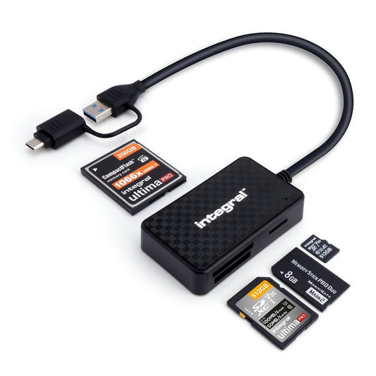 Integral 4-in-1 memory card reader, USB 3.0 & USB C adapter for microSD, SD, Compact Flash, MS Duo/Pro - For iPhone 15/16 Plus/Pro/Pro Max, MacBook Pro/Air, iPad, PC, Laptop, Tablet, Smartphone