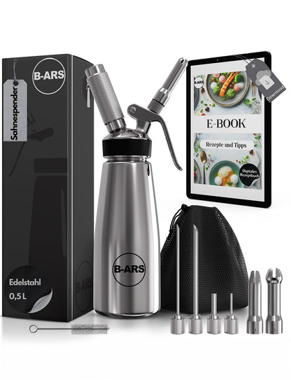 B-ARS cream dispenser stainless steel 0.5L for whipped cream espumas with accessories decoration nozzles injection needles cleaning brush storage bag recipe ebook cream spray bottle.