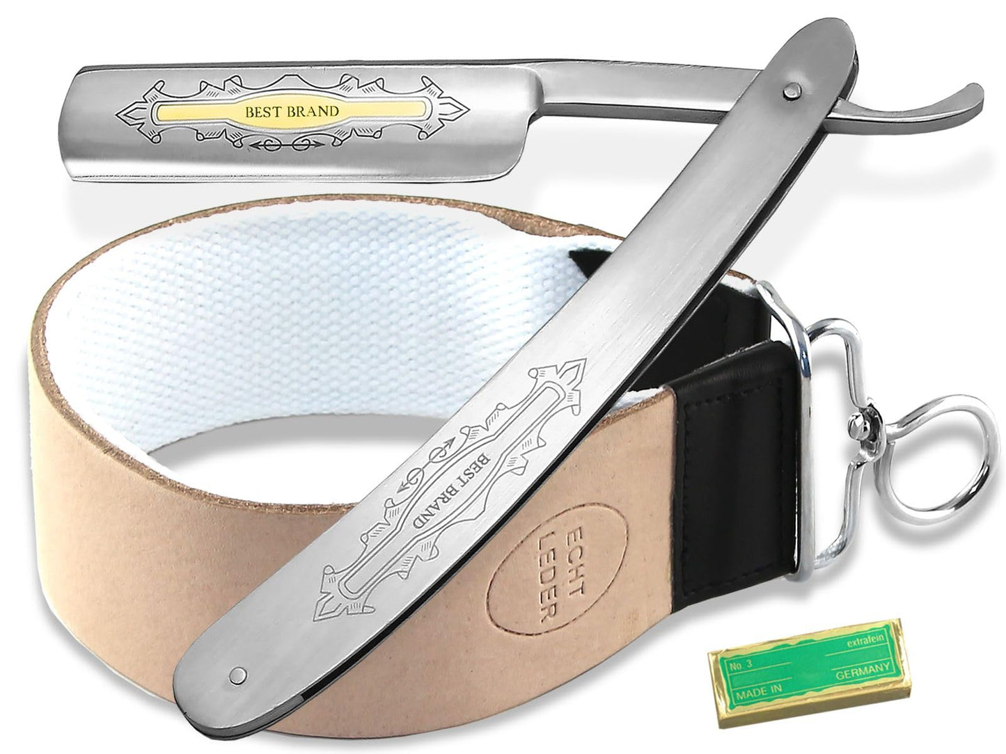 Gift Set Straight Razor Set Paste from Solingen with professional combination leather and cotton strop and a stainless steel razor from InstrumenteNrw based in Germany