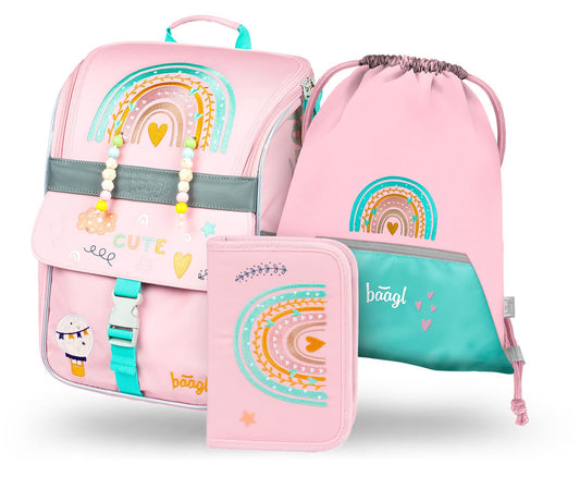 Baagl school backpack set for girls 3-piece, Zippy school bag for 1st grade, elementary school backpack with chest strap, ergonomic school rucksack (rainbow pink)