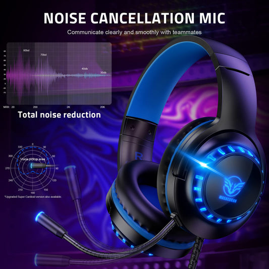 Pacrate Gaming Headset for PS4/PS5/Xbox One/PC/Nintendo Switch, PS4 headphones with cable Xbox headset with microphone, Noise Cancelling PS5 headset with LED lights - Blue